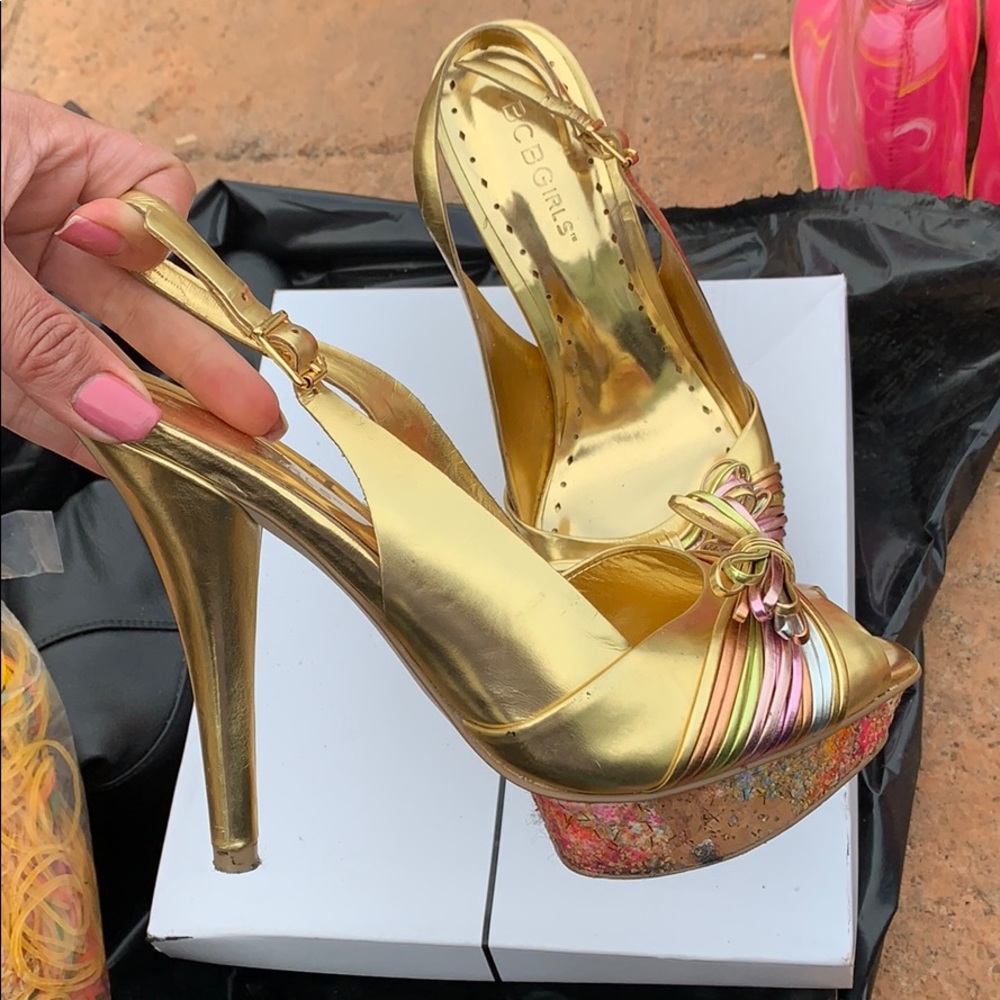 BCBG Gold Peeptoe Pumps